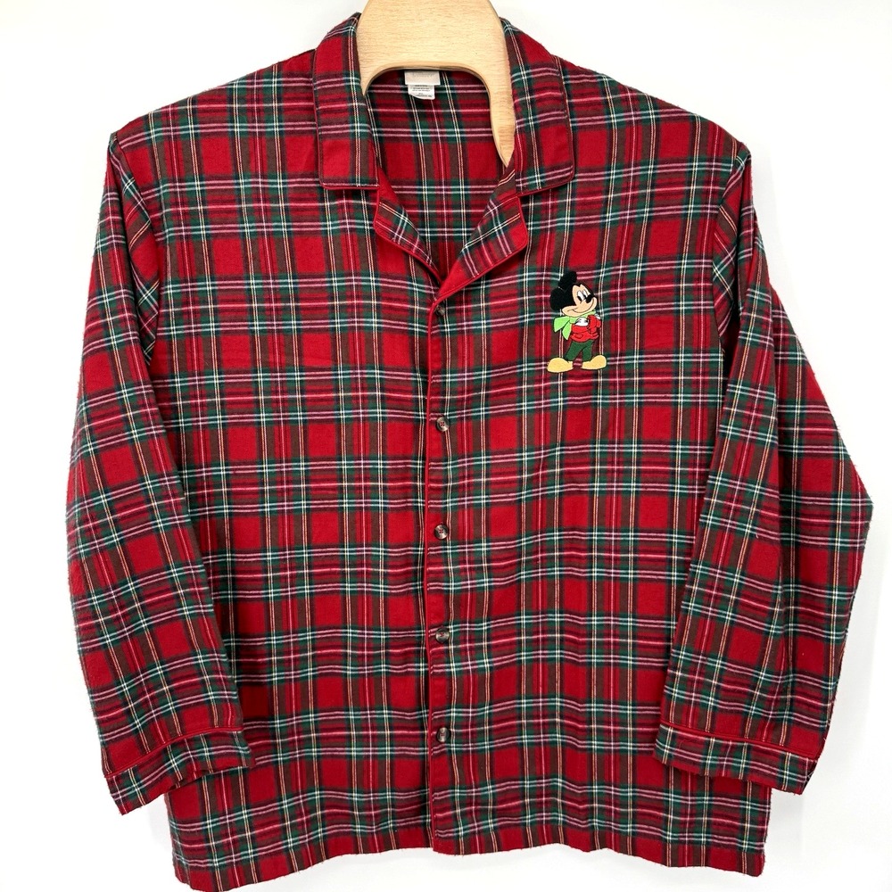 Disney Pajama Top Women 2XL Red Mickey Mouse Plaid Flannel Button Down 491311234